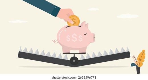 Empresário mão inserir dinheiro em cofrinho na armadilha animal. Isca para investidores, lucro falso. Resultado positivo inatingível em operações bancárias ou comerciais. Isca ou isca para empresários ou comerciantes. vetor