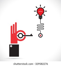 Businessman hand and key sign with creative light bulb symbol.Progression of idea concept. Business,education and industrial concept.Vector illustration