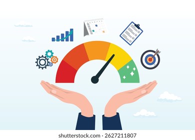 Businessman hand with KPI performance gauge scale, KPI key performance indicator, success benchmark or measuring goal achievement, metric or comparison standard, winning target dashboard concept