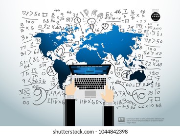  Businessman Hand and Laptop - World map blue - Background Plan Business - modern Idea and Concept Vector illustration Business.
