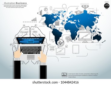  Businessman Hand and Laptop - World map blue - Background Plan Business - modern Idea and Concept Vector illustration Business.