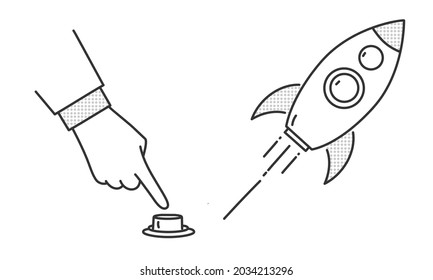 Businessman hand launches a rocket. Innovation and startup concept. Hand drawn vector illustration. Black and white.