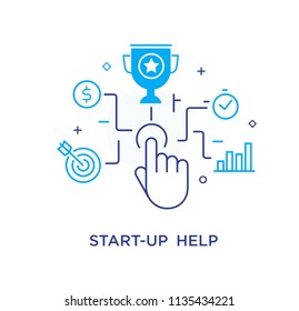 The businessman hand launches start-up, achieving goals, pride. Success. Line icon illustration