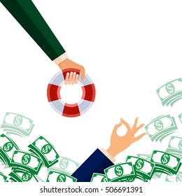 Businessman hand with a lifeline. A helping hand. refusing the offered bribe money vector illustration. Flat design cartoon. the business concept. corruption, avoid defraudation, dishonesty. 