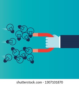 Businessman hand with a magnet attracting ideas. Creativity Ideas concept. -Vector-
