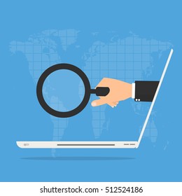 Businessman hand with magnifying glass from laptop computer, on world map background. Online Scam business concept.