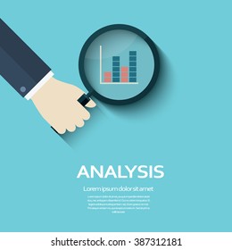 Businessman hand with magnifying glass over graph. Business analysis concept poster. Eps10 vector illustration.