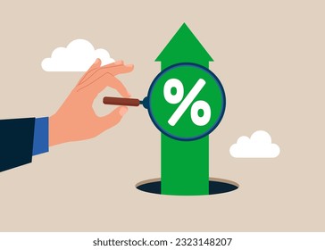 Businessman hand with magnifying glass to see percentage graph height. Profit from an investment. Flat vector illustration.