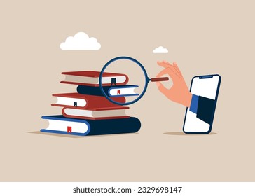 Businessman hand with magnifying glass through the smartphone  to see read and know. Education, reading, knowledge and search concept. Flat vector illustration