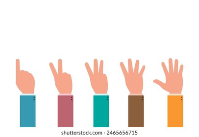 Businessman hand making a hand gesture showing one to five fingers isolated on a white background. Various gestures of hands. Rating concept of each businessman. Vector illustration flat design style