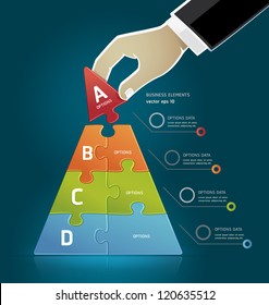 Businessman hand making a pyramid business strategy diagram puzzle Options. Vector illustration