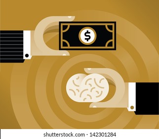 Businessman Hand With Money Buying Human Brain. Vector Illustration With Vintage Design Colors. Idea - Brain Drain Or Human Capital Flight.