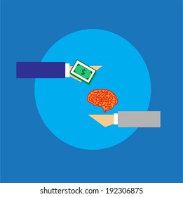 Businessman Hand With Money Buying Human Brain. Vector Illustration With Vintage Design Colors. Idea - Brain Drain Or Human Capital Flight. 