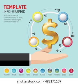 Businessman hand and money concept. Template modern info-graphic design concept. Use for business, marketing, creative, web design and graphics. Vector, Background.