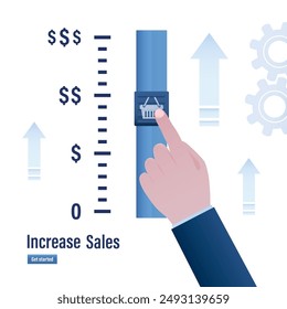 La mano del hombre de negocios se mueve hacia arriba deslizador en escala de medición. Mejora de las ventas, formación empresarial. Aumentar las ventas, campaña de promoción, descuentos. Anuncio de Vertical. Ilustración vectorial plana