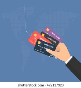 Businessman hand with multiple credit cards and fishing hook on world map background. Vector illustration business concept design.