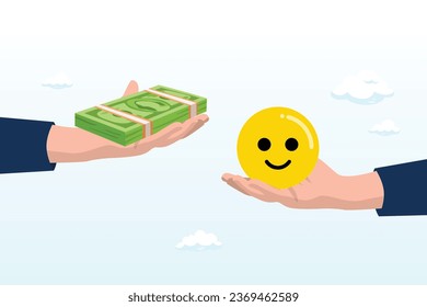 Businessman hand offer money to buy happiness smile face, money can buy happiness, philosophy or life success dilemma, financial goal vs work life balance and enjoy life (Vector)