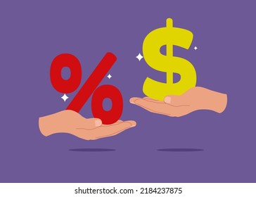 Businessman hand offer percentage sign with other giving dollar money. Investment profit earnings, interest rate, offer discount, sale, income tax.