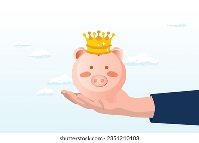 Businessman hand offer shinny pink piggy bank with golden king crown, best investment, winning pension fund or bargain stock picking with high return, safety deposit saving for retirement (Vector)