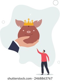 Geschäftsmann Hand bieten glänzend rosa Sparschwein mit goldener King Crown.Flat Vektorillustration.