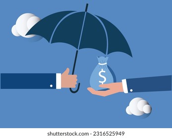 businessman hand offer umbrella to protect dollar sign money. Income protection, security or safety guard protect investment profit, wealth preservation or insurance, risk management concept.
