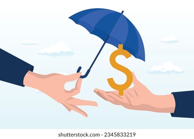 Businessman hand offer umbrella to protect dollar sign money, income protection, security or safety guard protect investment profit, wealth preservation or insurance, risk management (Vector)