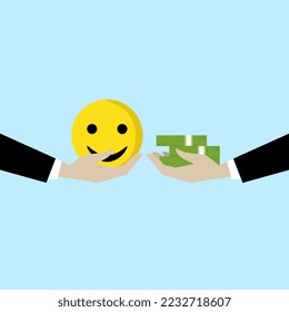 businessman hand offering money to buy happiness smiley face. Money can buy happiness, financial goals vs work and enjoy life balance, life philosophy concept or life success dilemma.
