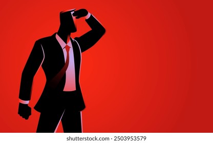 Businessman with hand on his forehead, to see better into the distance. Ideal for business, strategic planning and visionary materials, symbolizes foresight, ambition and future planning