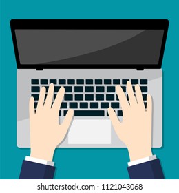 Businessman Hand on laptop, hands typing on notebook keyboard-Flat Vector Illustration.