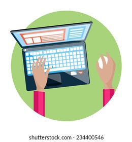 Businessman hand on laptop keyboard with screen monitor in flat design
