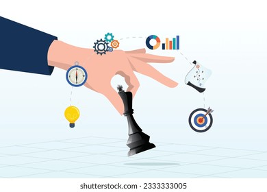 Businessman hand on strategic chess king, strategic planning, tactic or strategy to win business competition, marketing analysis or challenge to achieve target, decision based on information (Vector)