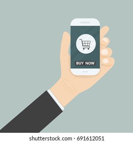 Businessman hand and online shopping website on smart phone.Online shopping application on smart phone.Advertising campaign symbol.Online shopping and e-commerce icon concept .Vector illustration