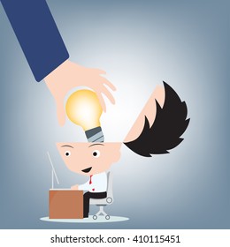 Businessman hand open head and put light bulb idea into brain, creative concept illustration vector in flat design