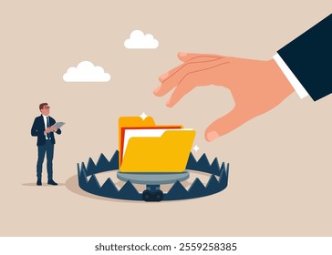 Businessman hand pick digital folder on bear trap. Online data user. Documents into archive folder makes him crazy. dealing with error. Flat vector illustration. 