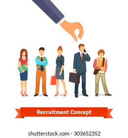 Businessman hand picking up selected man from group of candidates. Recruitment and human resources concept. Flat style vector illustration isolated on white background.