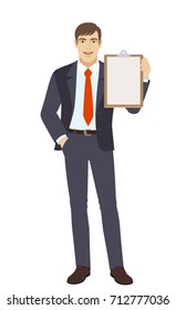 Businessman with hand in pocket holding clipboard. Full length portrait of businessman character in a flat style. Vector illustration.