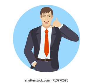 Businessman with hand in pocket showing a call me sign. Portrait of businessman in a flat style. Vector illustration.