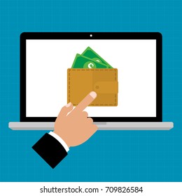 Businessman hand point to e-Wallet for computer laptop computer online payment.Vector illustration online business eWallet concept.