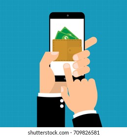 Businessman hand point to e-Wallet on mobile smart phone for online payment.Vector illustration online business eWallet concept.