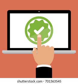 Businessman hand point to laptop computer with feedback right online survey and checklist on red background. Cartoon flat vector illustration business online network concept.