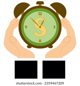 Businessman hand point at Wristwathes. Time is money. Vector time and financial management illustration. Flat style Business picture. Man's hands and Clock. Timing, planning, entrepreneur, meeting.