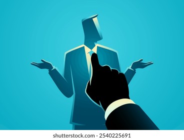 Businessman hand pointing assertively at a colleague who shrugs his shoulders, representing workplace conflict, disagreement, blaming, or lack of accountability