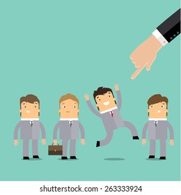 Businessman hand pointing at cute character of young businessman in business concept of personnel selection, hiring or recruitment. Flat design vector illustration.