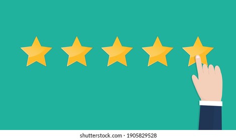 Businessman hand pointing five stars rating on green background. Increase rating, ranking, review. Vector illustration