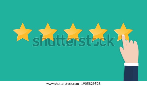 Businessman\
hand pointing five stars rating on green background. Increase\
rating, ranking, review. Vector\
illustration