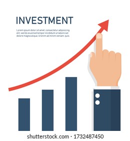 Empresario apuntando mano a la flecha gráfica aumento financiero. Concepto de beneficios de crecimiento. negocios y finanzas. Ilustración vectorial en diseño plano. 
Planes de inversión exitosos. aislado de fondo blanco.