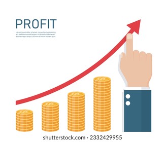 Empresario apuntando mano a la flecha gráfica aumento financiero. Ingresos, beneficios y rendimiento de la inversión. fondo de diseño plano de ilustración vectorial.