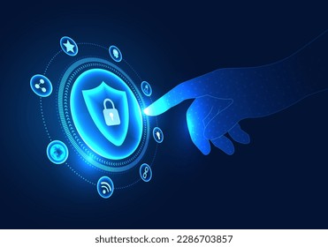 Businessman hand pointing to shield Refers to the technology that businessmen choose to deal with problems within the company, not to lose company or customer data or leak to the internet network