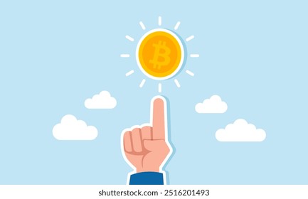 A businessman hand pointing towards a glowing bitcoin, illustration of The strong valuation of bitcoin is attracting many people to buy it
