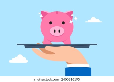 Businessman hand presents precious piggy bank on elegant tray in flat design